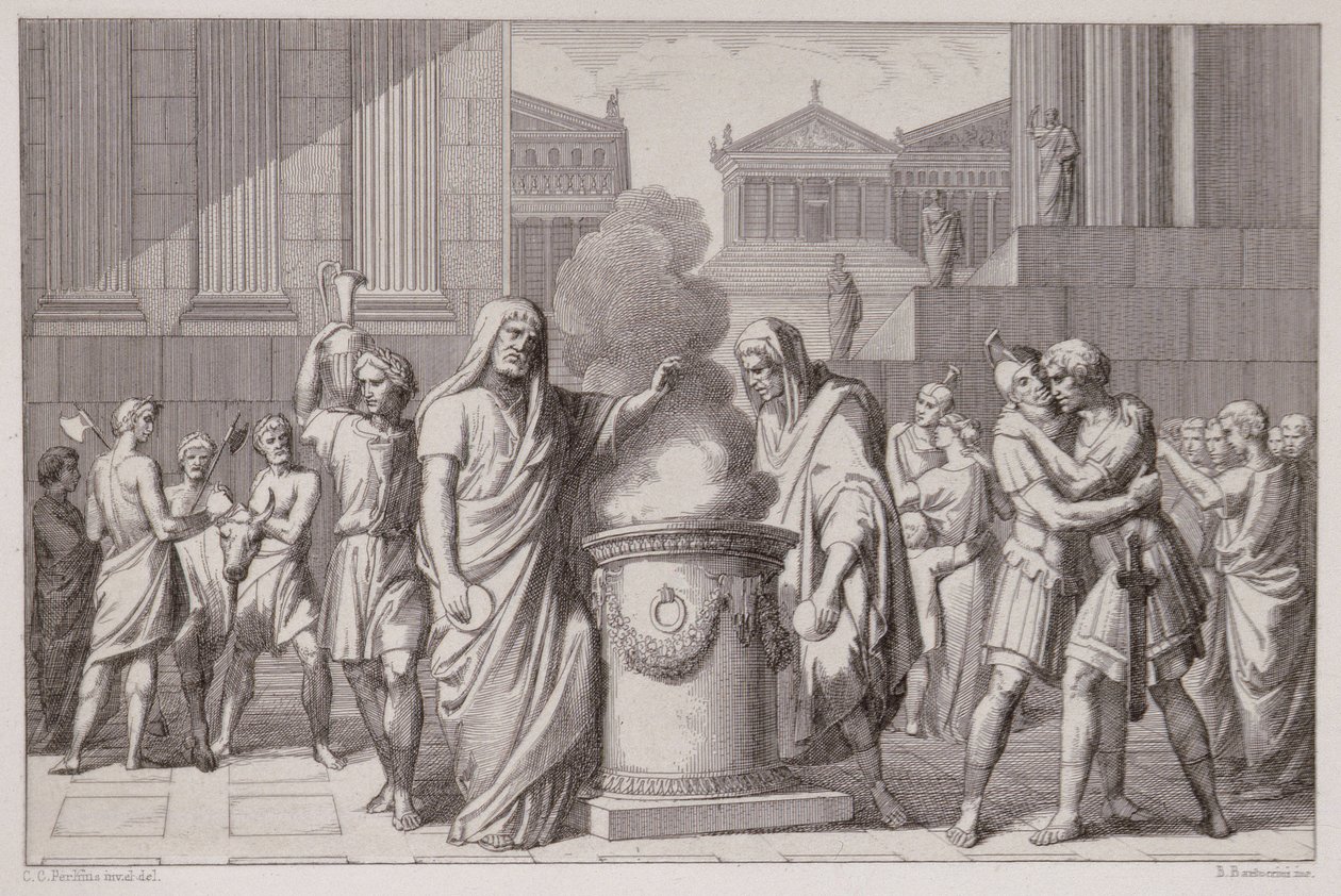 Møtet mellom Camillus og Manlius etter gallernes retrett, gravert av B.Barloccini, 1849 av C.C Perkins