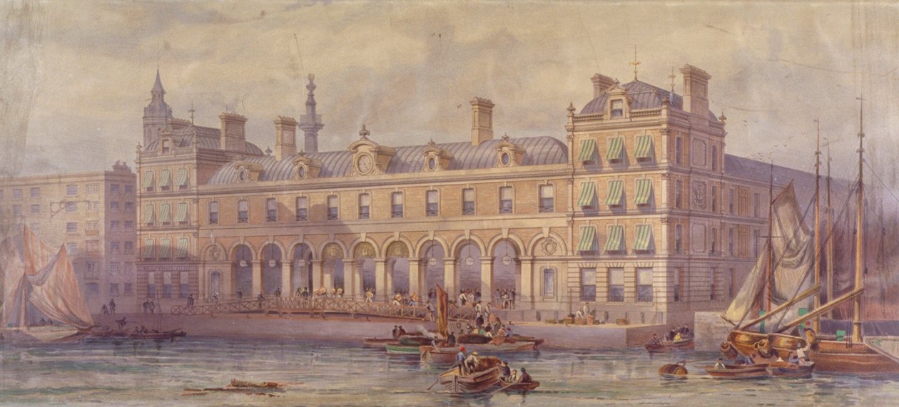 Utsikt over Billingsgate Market med figurer og båter i forgrunnen, London, 1877 av CF Kell