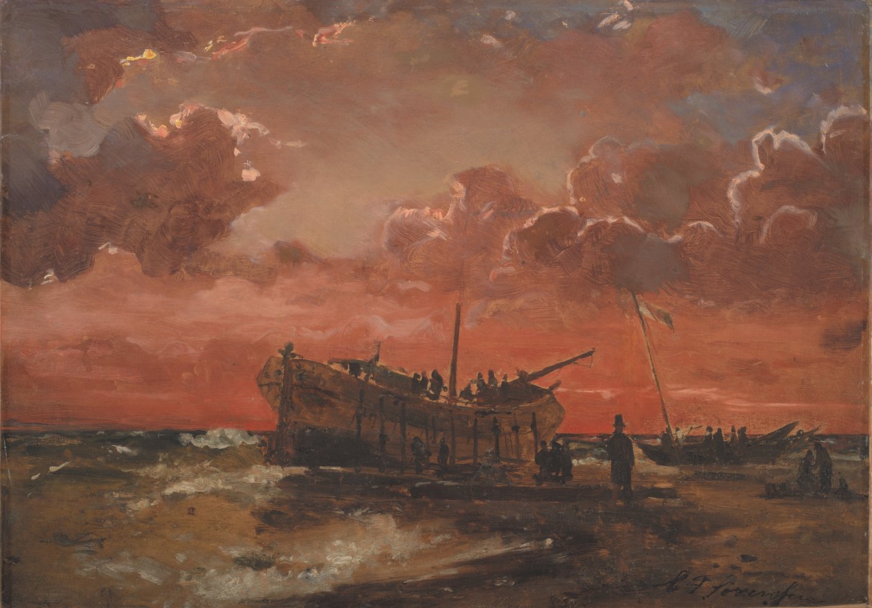 Et vrak på Jyllands vestkyst ved solnedgang av C.F. Sørensen