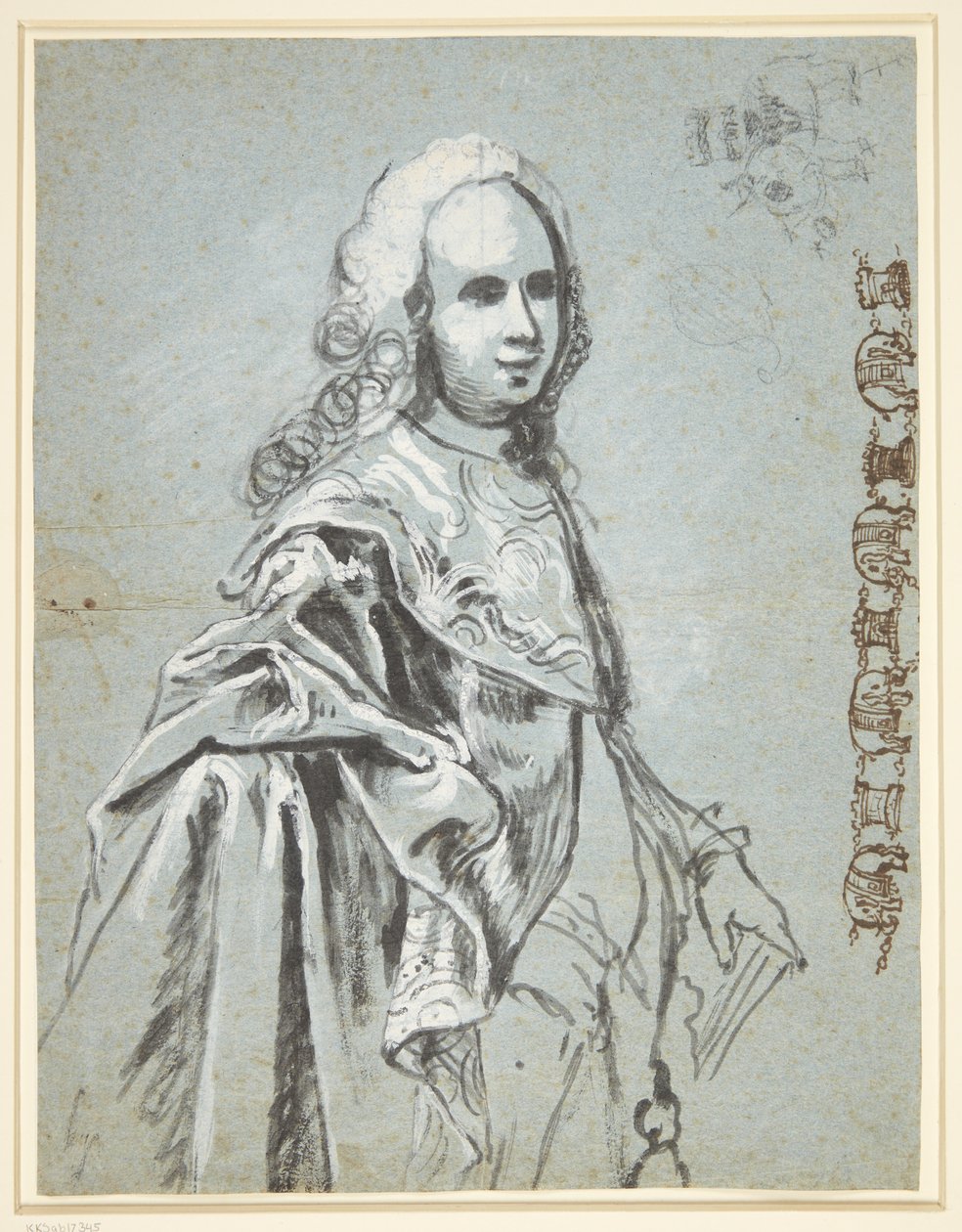 Studie til et portræt, formentlig af A. G. Moltke; til højre på bladet studie til Elefantridderordenens kæde   1267946   no       norwegian Successfully Translated  Original: The Actor Ichikawa Yaozo III Holding a Red Fan, 1794. Translat: The Actor Ichikaw av C.G. Pilo