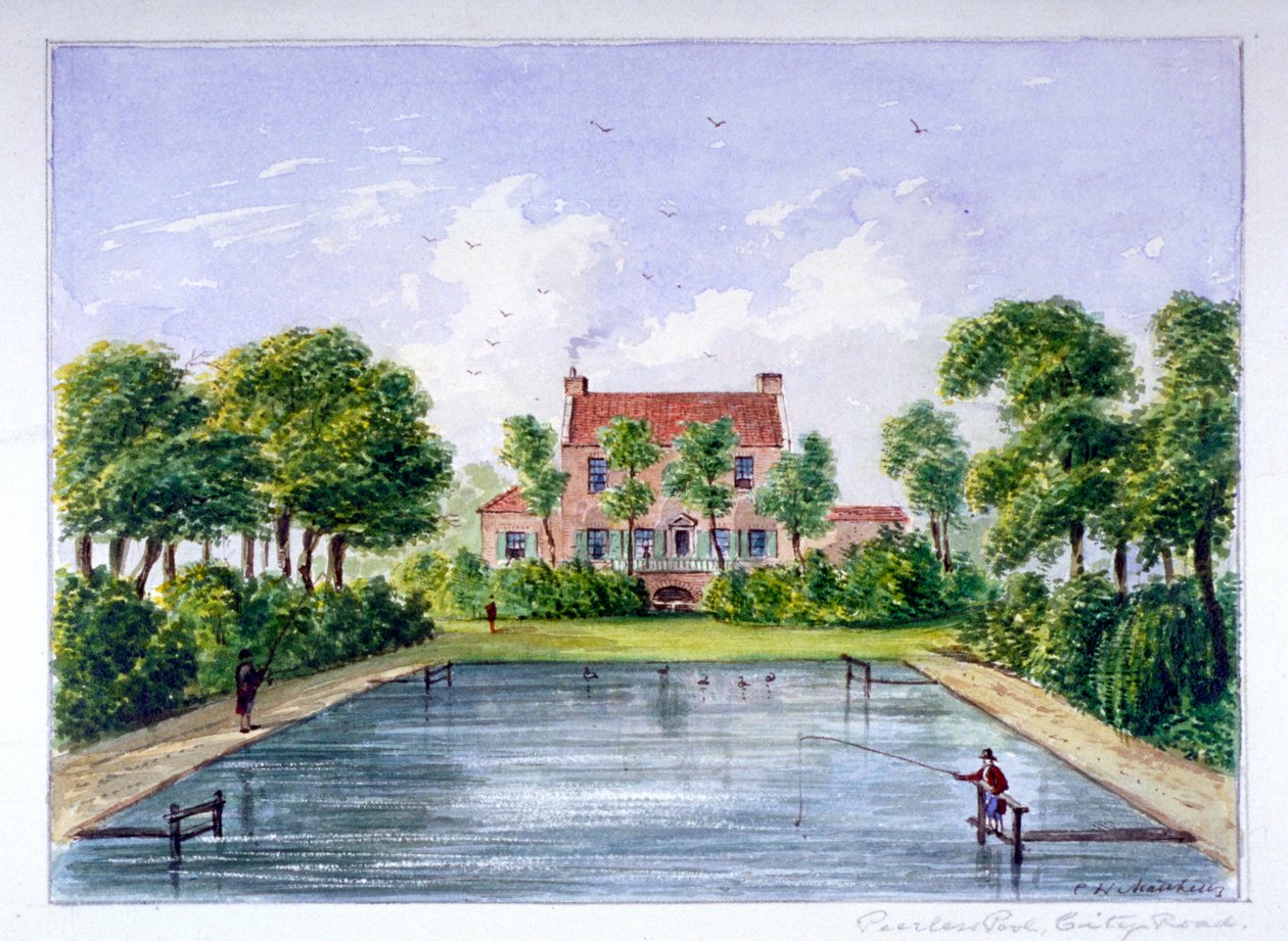 Folk som fisker i Peerless Pool, City Road, Finsbury, London, c1800. av CH Matthews