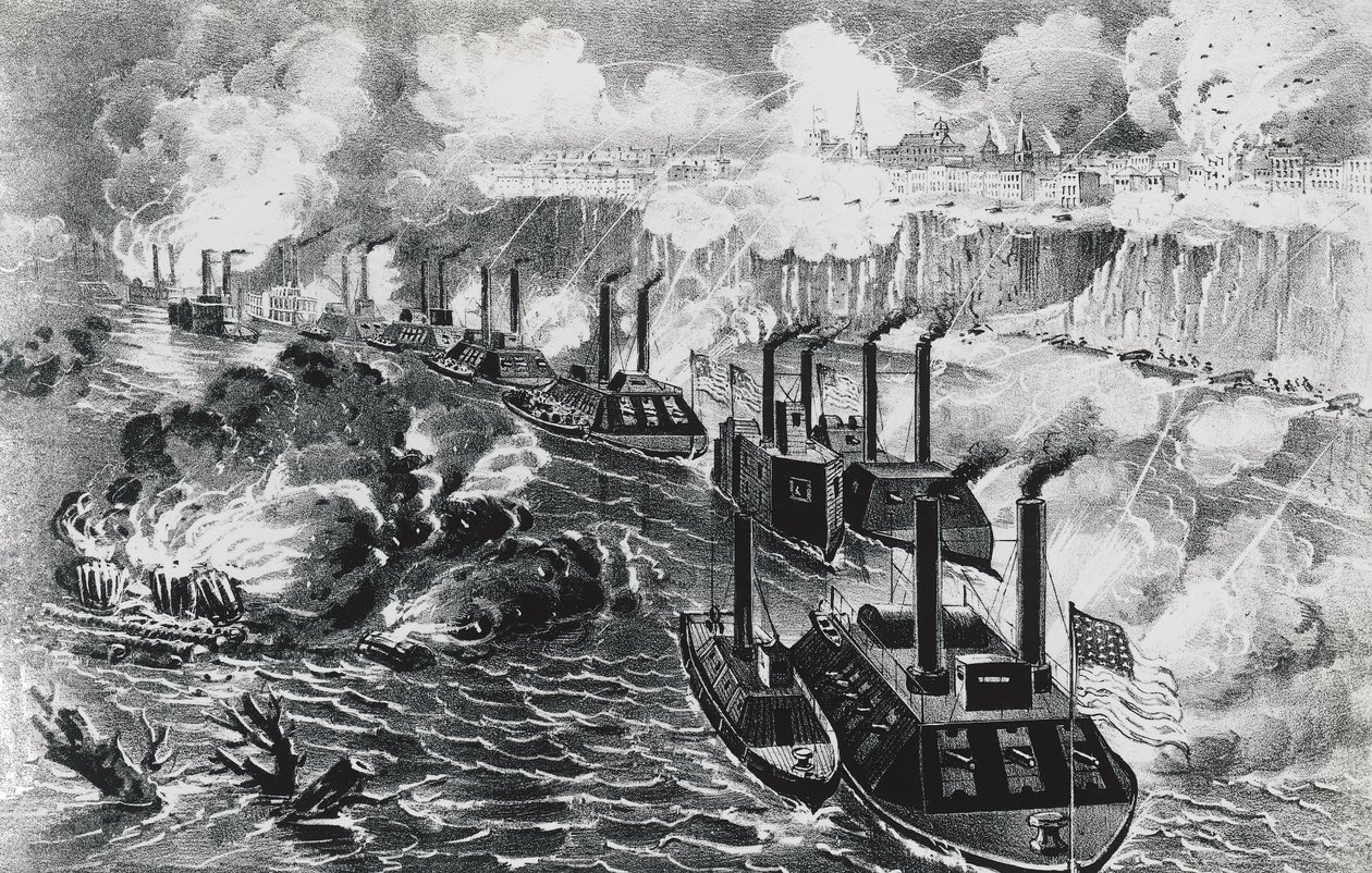 Admiral David Dixon Porters flåte kjører opprørsblokade på Mississippi ved Vicksburg, 16. april av J.B. and Brown J. Rowbotham