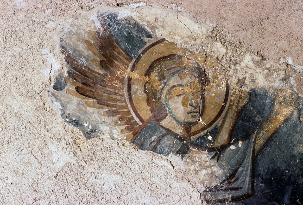 Engel, freskomaleri i den bysantinske kirken Agios Georgios, Apodoulou, Kreta, Hellas (bilde) av J.B. and Brown J. Rowbotham