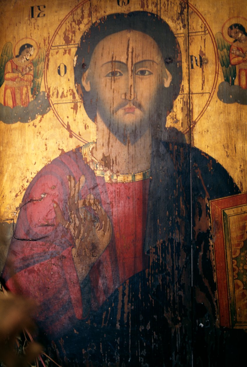 Kristus, malt på tre i Agios Antonios kirke, Kavousi, Kreta, Hellas (bilde) av J.B. and Brown J. Rowbotham