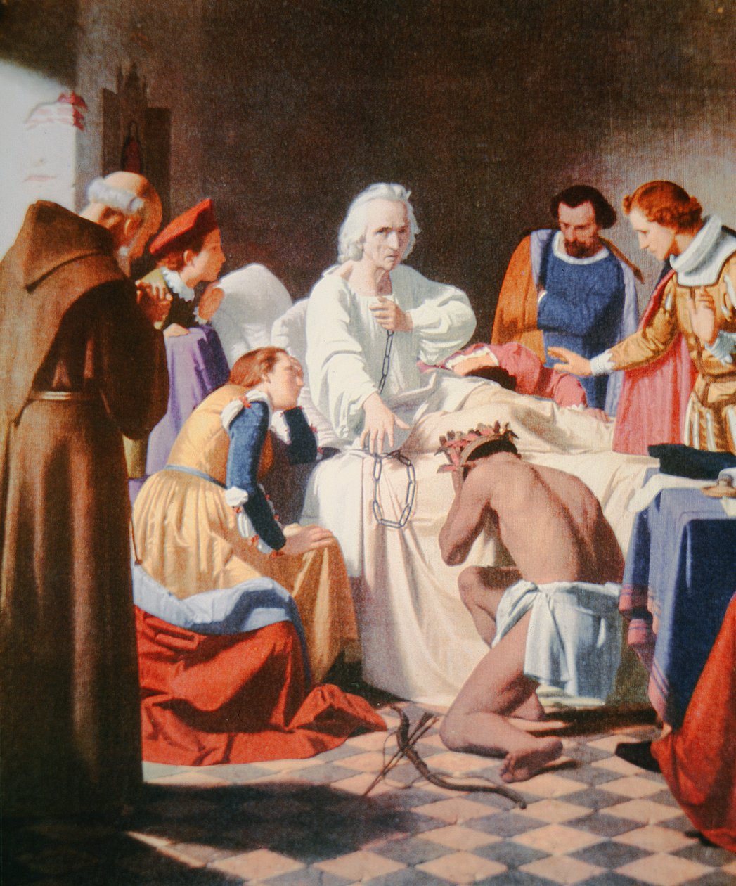 Columbus på dødsleie, med lenkene han kom tilbake i fra sin tredje reise (farge litho) av J.B. and Brown J. Rowbotham