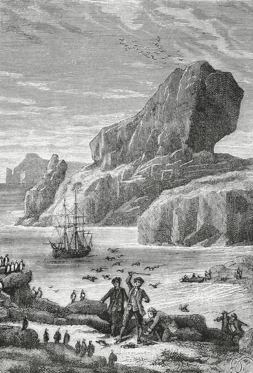 Oppdagelsen av Austral-Frankrike (Kerguelen-øyene) av den franske oppdageren Yves-Joseph de Kerguelen-Tremarec (1734-1797), februar 1772, gravering, Det indiske hav, territoriet til franske sørlige og antarktiske land av J.B. and Brown J. Rowbotham