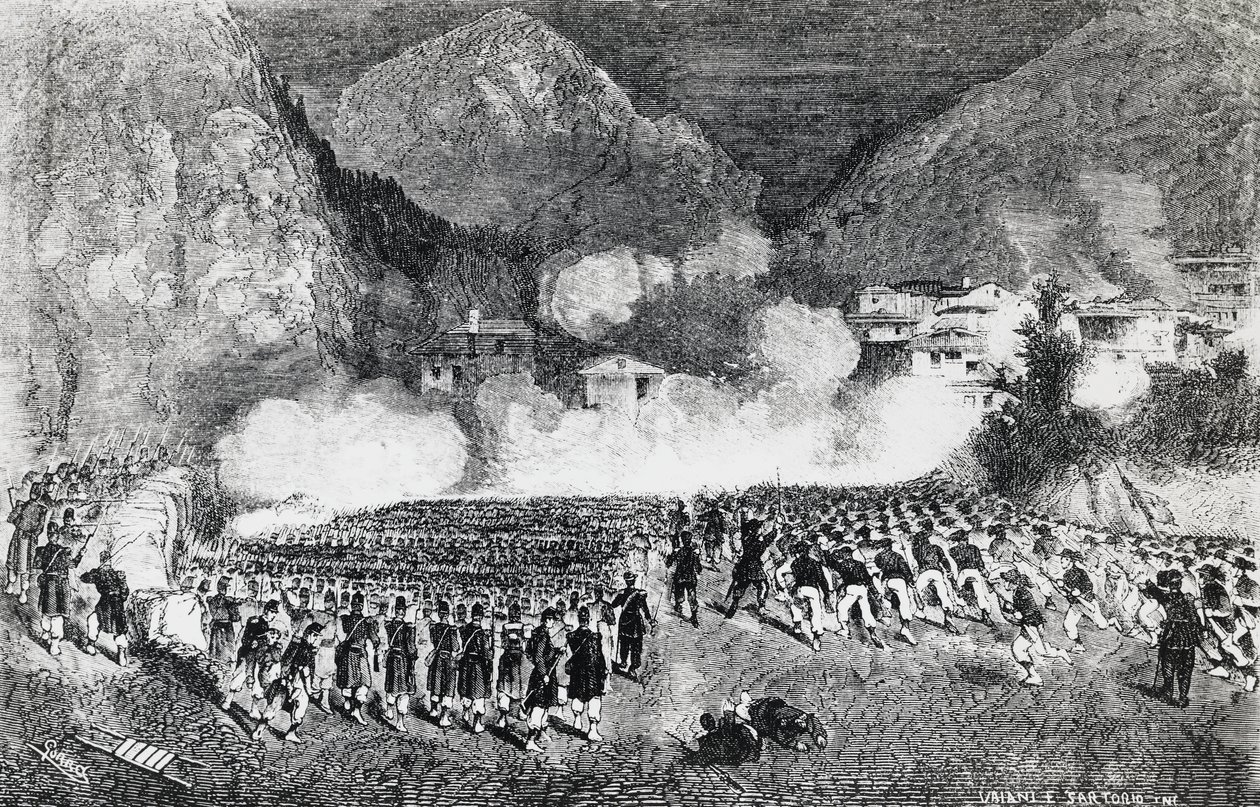 General Giacomo Medicis divisjon angriper Levico Terme, Trentino-Alto Adige, juli 1866, tredje uavhengighetskrig, gravering, Italia av J.B. and Brown J. Rowbotham