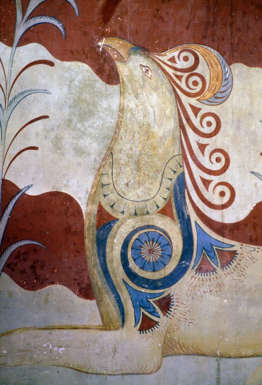Griffin, freskomaleri i tronrommet, Knossos-palasset, Kreta, Hellas, minoisk sivilisasjon av J.B. and Brown J. Rowbotham