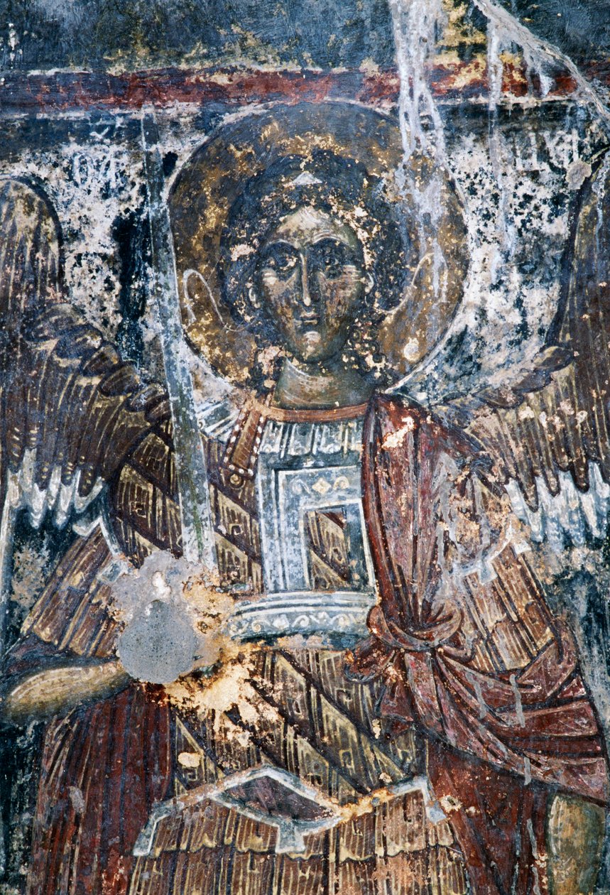 Hest, skadet freskomaleri i taket til kirken Agios Vasileios, Vavouledo, Kreta, Hellas (bilde) av J.B. and Brown J. Rowbotham
