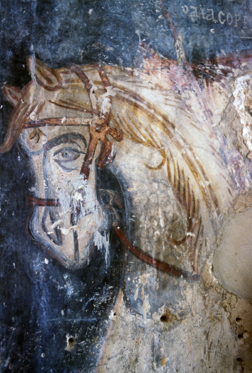 Hest, detalj fra freskomaleri i kirken Agios Georgios, Vathiako, Kreta, Hellas (bilde) av J.B. and Brown J. Rowbotham