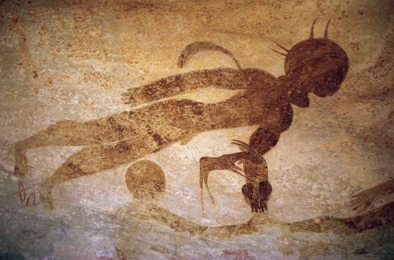 Menneskelig figur i stil med menn med runde hoder, hulemaleri, Tassili n