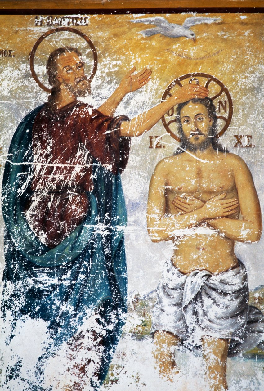 Jesus blir døpt av St John, freskomaleri i kirken til klosteret til St John Theologian (Unescos verdensarvliste av J.B. and Brown J. Rowbotham