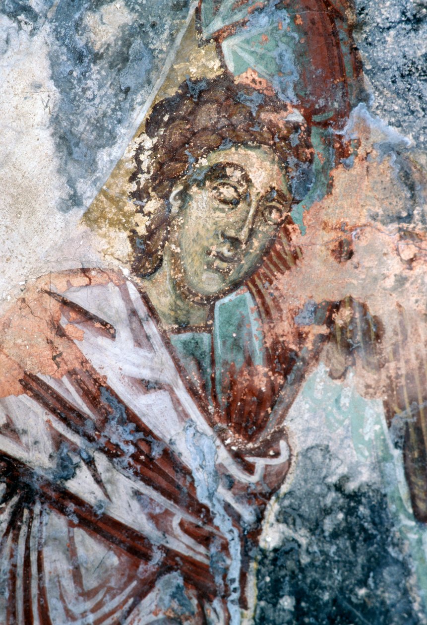 Mannsfigur, skadet freskomaleri i taket til kirken Agios Vasileios, Vavouledo, Kreta, Hellas (bilde) av J.B. and Brown J. Rowbotham