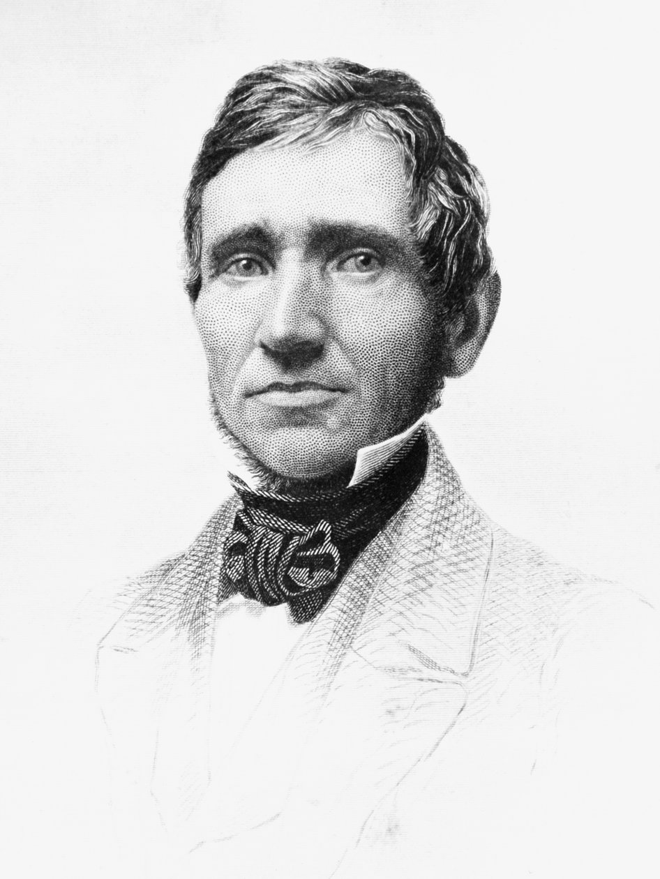 Portrett av Charles Goodyear (1800-1860), amerikansk selvlært kjemiker og oppfinner som utviklet vulkanisert gummi, gravering av J.B. and Brown J. Rowbotham