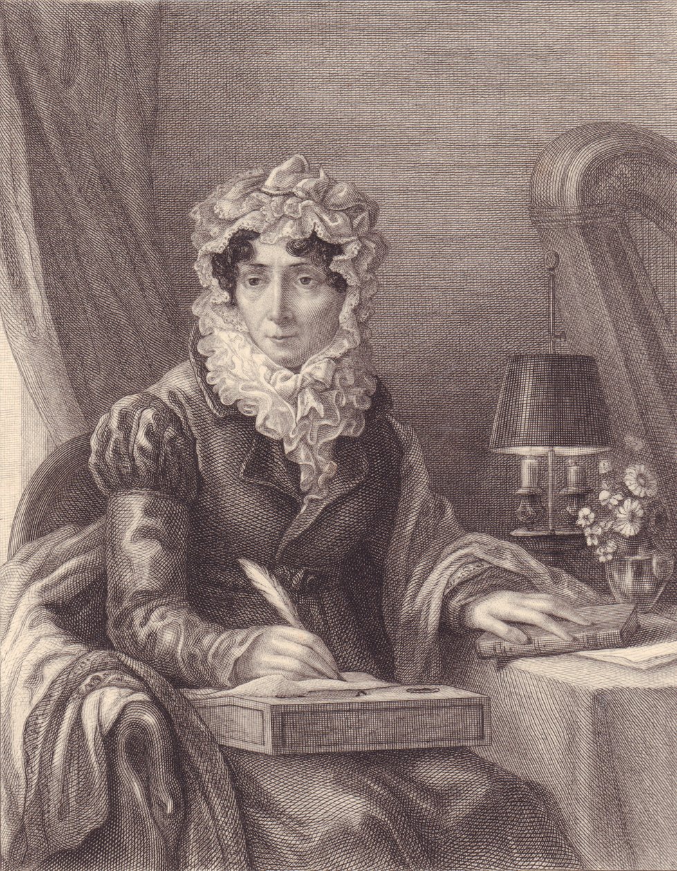 Portrett av den franske forfatteren Stephanie-Felicite Ducrest de Saint Aubin, Madame de Genlis (1746-1830), gravering av J.B. and Brown J. Rowbotham