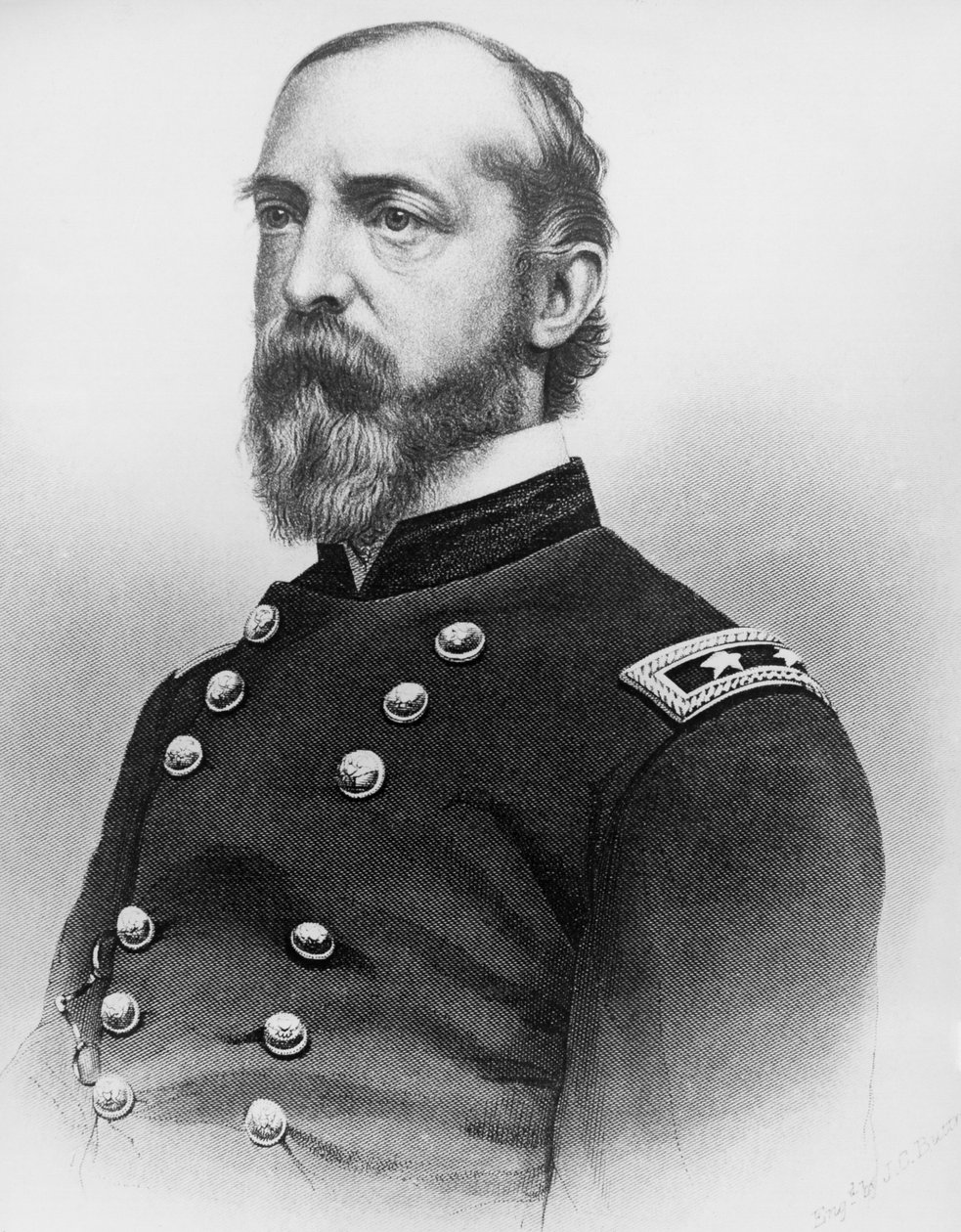 Portrett av George Gordon Meade (1815-1872), USAs hærgeneral og sivilingeniør som spilte en kritisk rolle i den amerikanske borgerkrigen ved å beseire den konfødererte hæren ved Gettysburg, gravering etter fotografi av J.B. and Brown J. Rowbotham