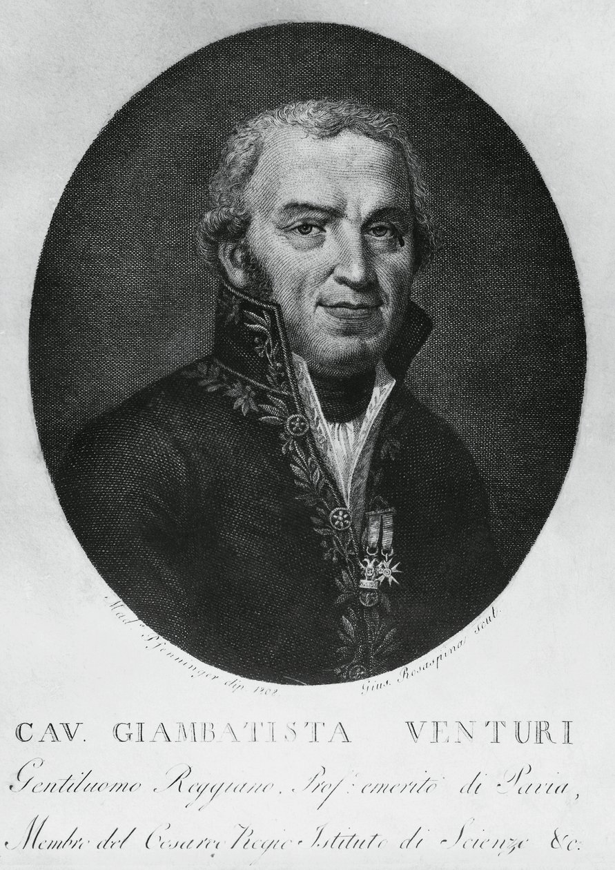 Portrett av Giovanni Battista Venturi (1746-1822), italiensk fysiker, diplomat, vitenskapshistoriker og oppdager av Venturi-effekten, gravering av J.B. and Brown J. Rowbotham