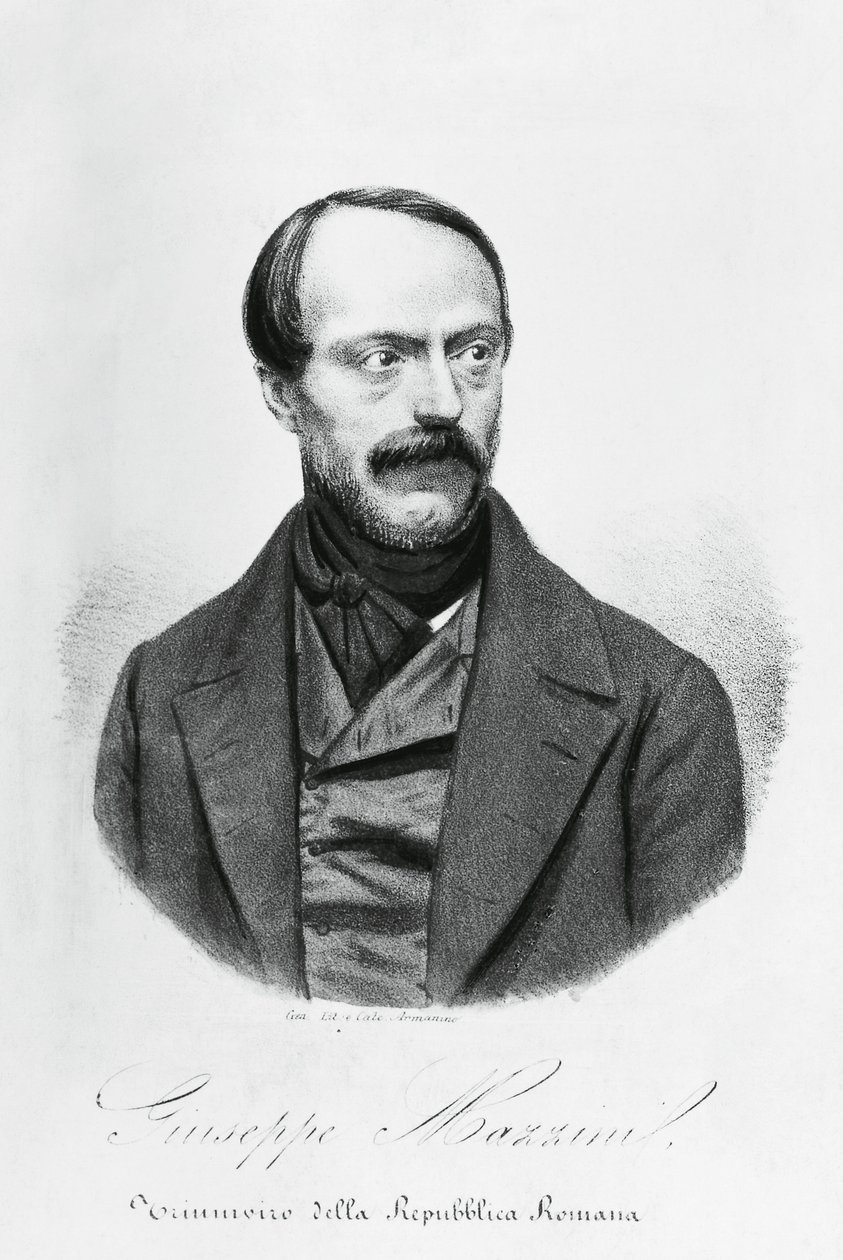 Portrett av Giuseppe Mazzini (1805-1872), italiensk patriot, politiker, filosof og journalist, gravering av J.B. and Brown J. Rowbotham