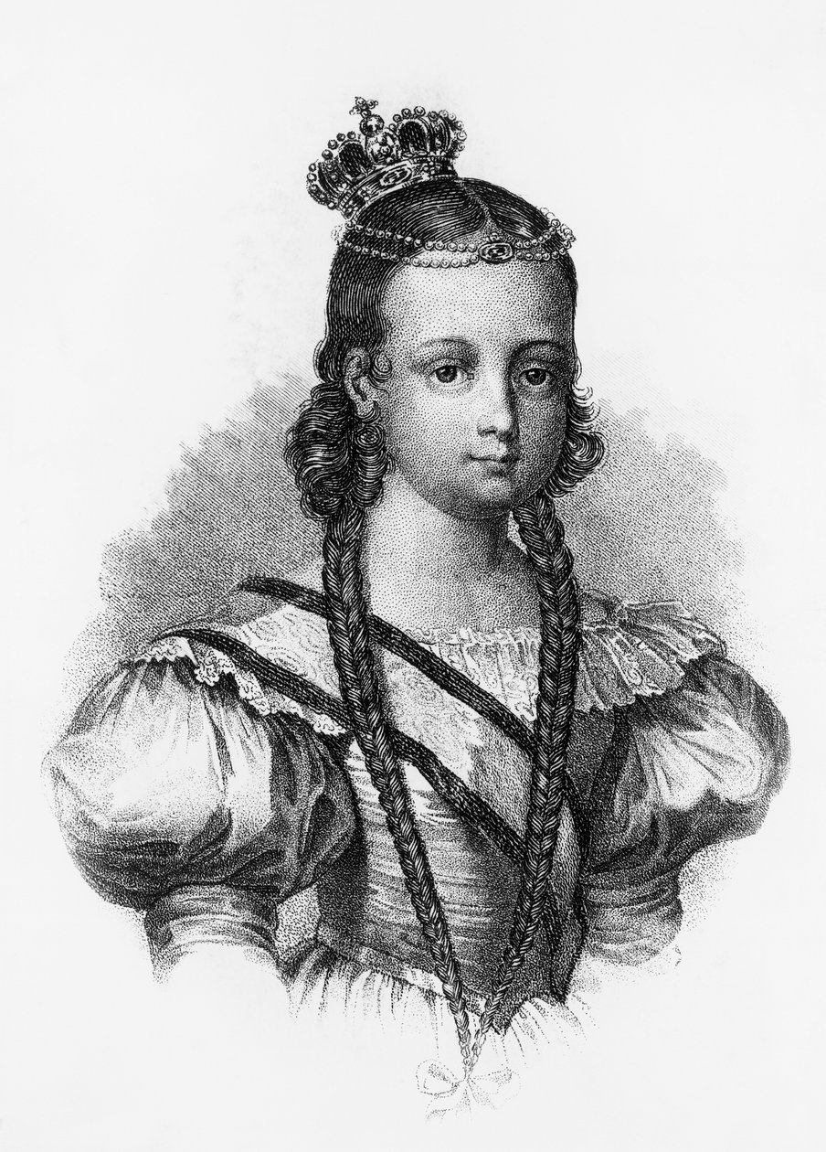 Portrett av Isabel II (1830-1904), dronning av Spania fra 1833 til 1868, gravering av J.B. and Brown J. Rowbotham