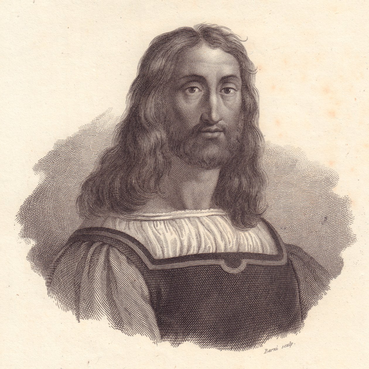 Portrett av den italienske gravøren Marcantonio Raimondi (1480-1534), kobberstikk av Barni fra maleri av Raffaello Sanzio av J.B. and Brown J. Rowbotham