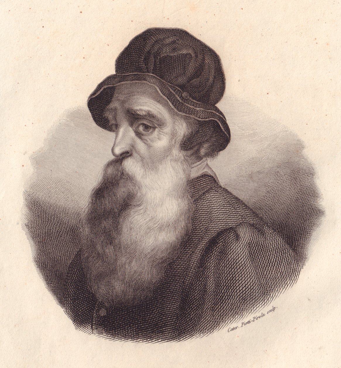 Portrett av italiensk billedhugger og gullsmed Benvenuto Cellini (1500-1571), kobberstikk av Caterina Piotti-Pirola fra maleri av Giorgio Vasari av J.B. and Brown J. Rowbotham