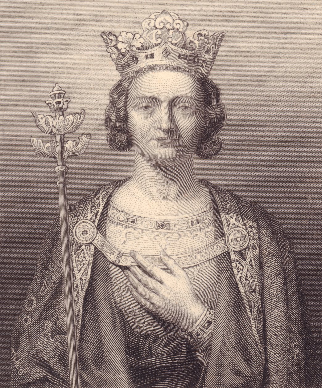 Portrett av kong Philip V av Frankrike, høy (1293-1322), gravering, 9x7 cm, fra Galerie Historique de Versailles, Histoire de France, Charles Gavard Publisher, Paris, ca. 1840 av J.B. and Brown J. Rowbotham