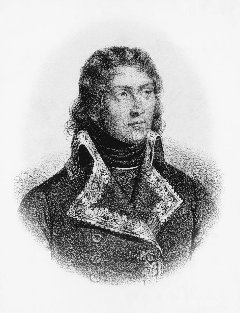 Portrett av Louis-Charles-Antoine Desaix de Veygoux (1768-1800), fransk militærhelt som ledet styrker i tyske, egyptiske og italienske kampanjer under franske revolusjonskriger, gravering av J.B. and Brown J. Rowbotham