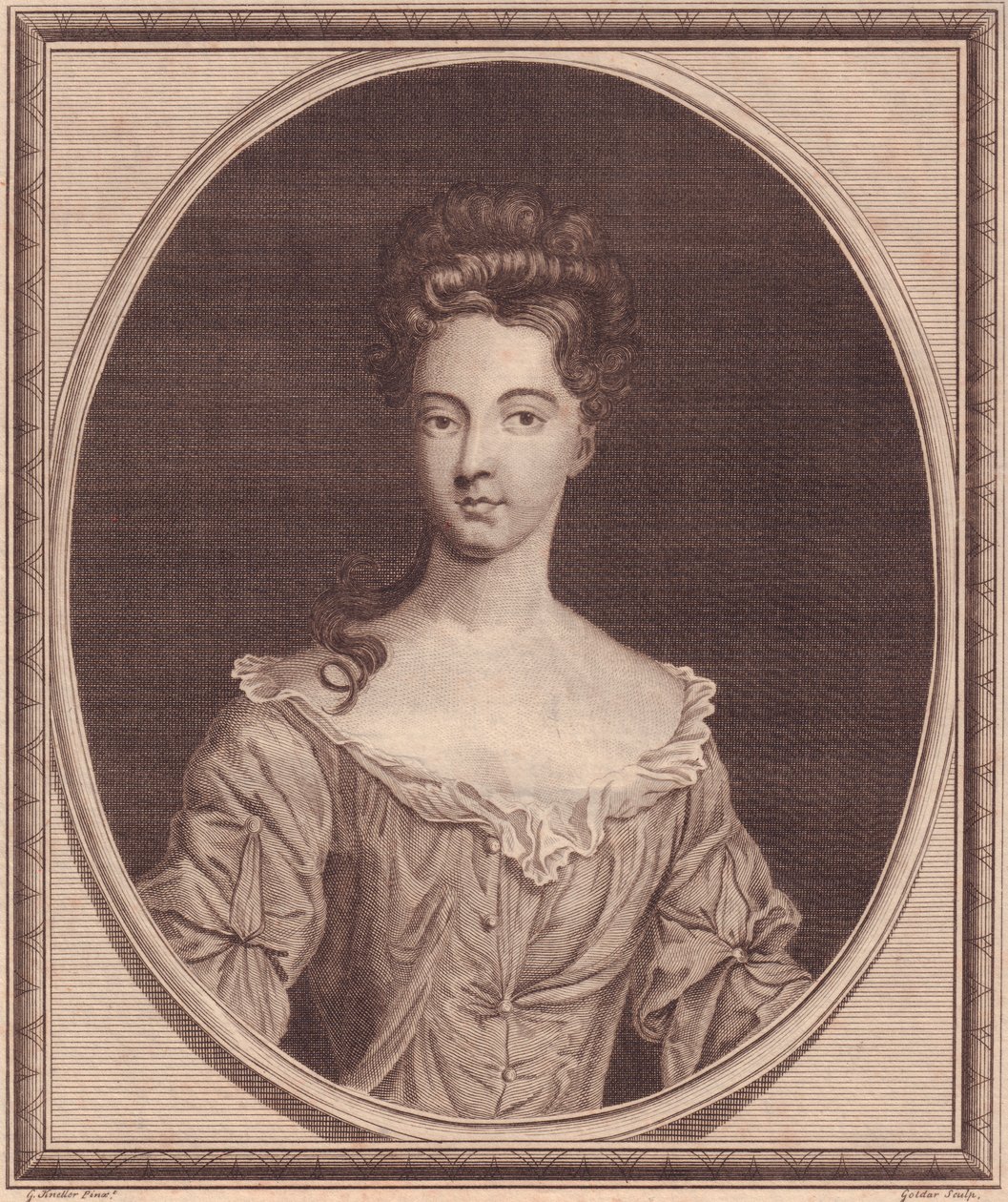 Portrett av Margaret Cecil, grevinne av Ranelagh (1672 eller 1673-1728), kobberstikk av John Goldar (1729-1795) fra maleri av G Kneller av J.B. and Brown J. Rowbotham