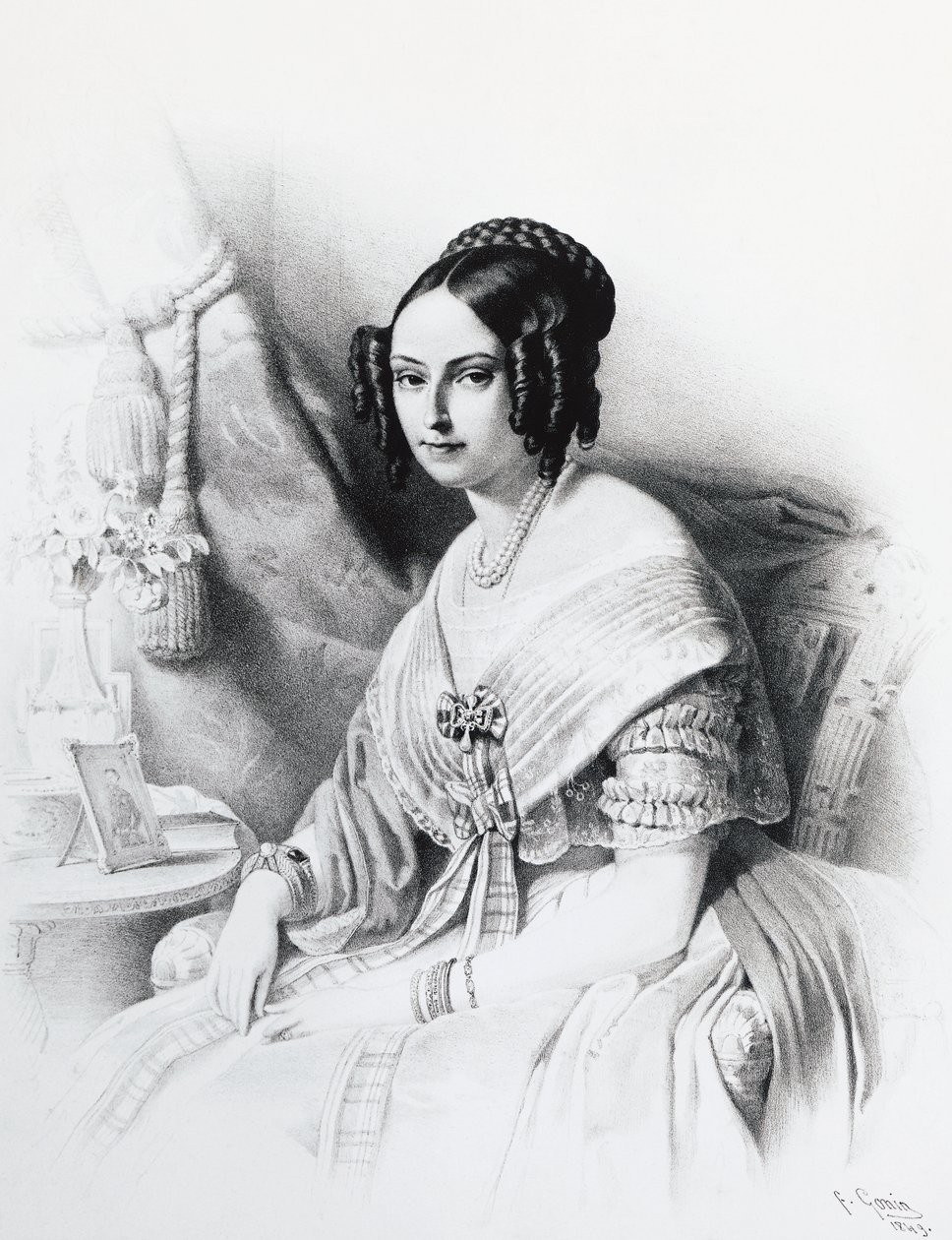 Portrett av Maria Adelaide av Habsburg-Lorraine (1822-1855), kone til Victor Emmanuel II av Savoy, gravering av J.B. and Brown J. Rowbotham