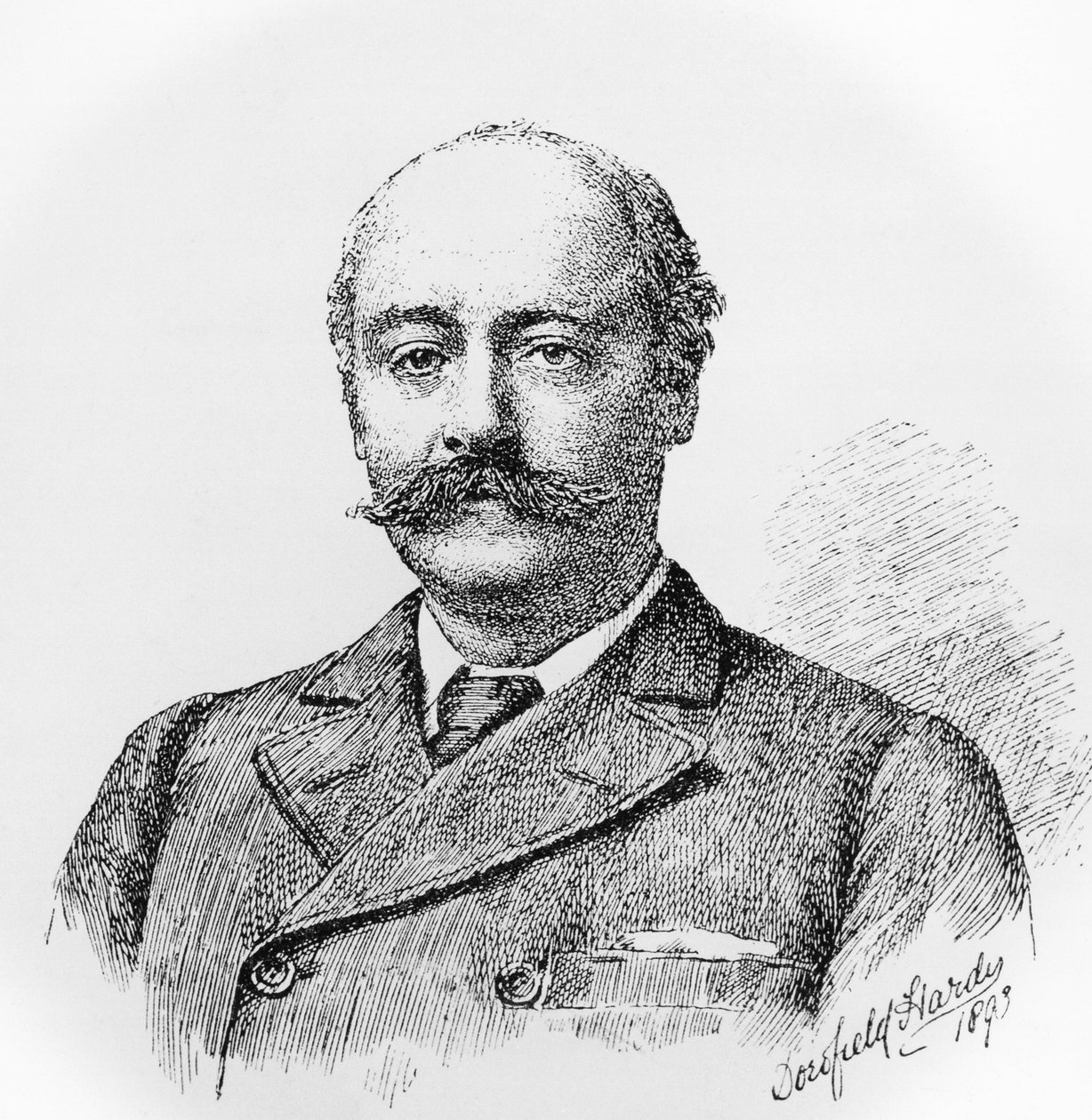 Portrett av Sir Charles Hubert Hastings Parry (1848-1918), engelsk komponist, lærer og musikkhistoriker, gravering etter tegning av Dorofield Hardy (1853-1937) av J.B. and Brown J. Rowbotham