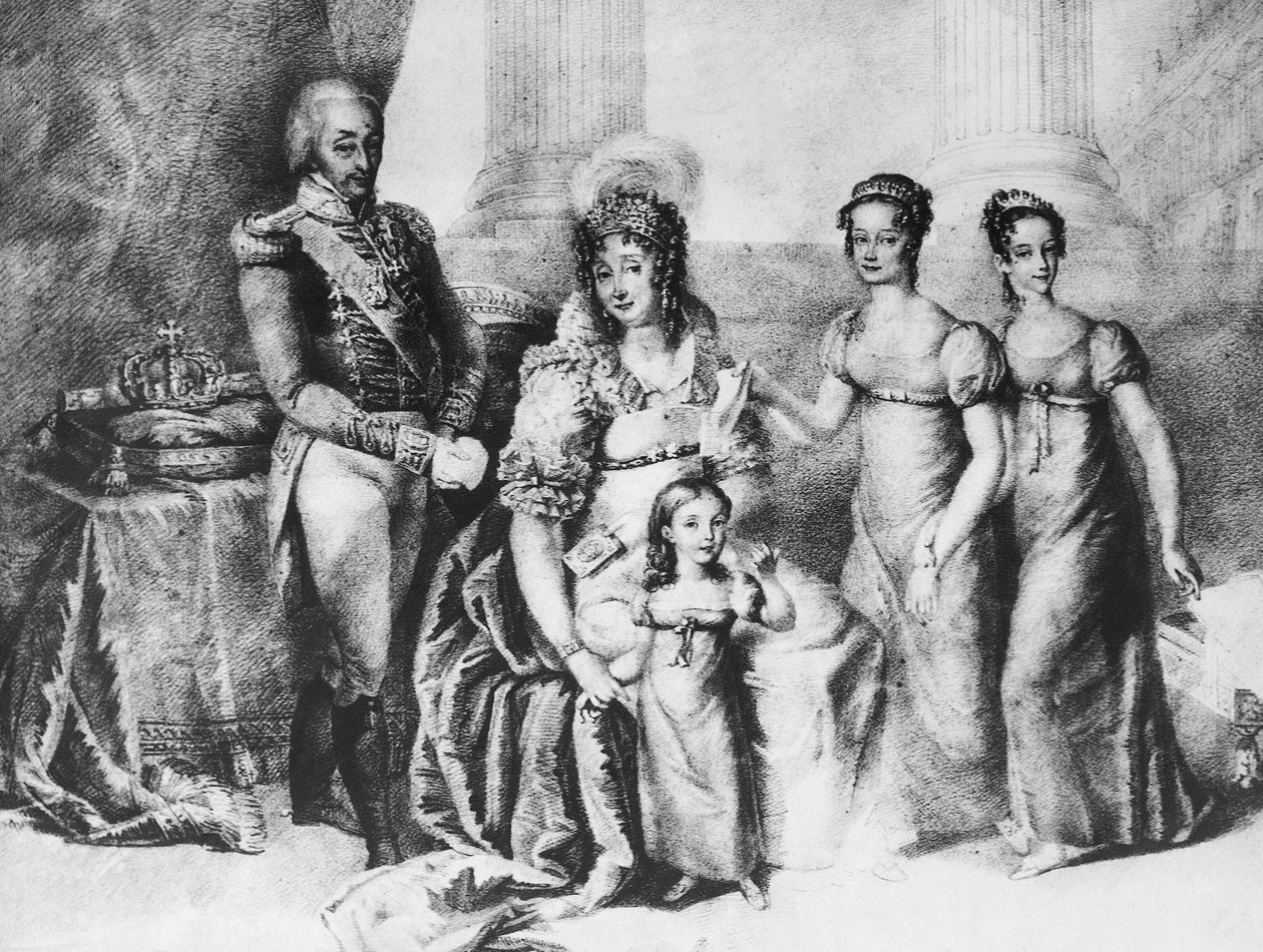 Portrett av Victor Emmanuel I, konge av Sardinia og hertug av Savoy, Piemonte og Aosta, med sin kone Maria Theresa av Østerrike-Este og døtrene hans, Maria Teresa av Savoy (1803-1879), Maria Anna av Savoy og Maria Cristina av Savoy , gravering av J.B. and Brown J. Rowbotham
