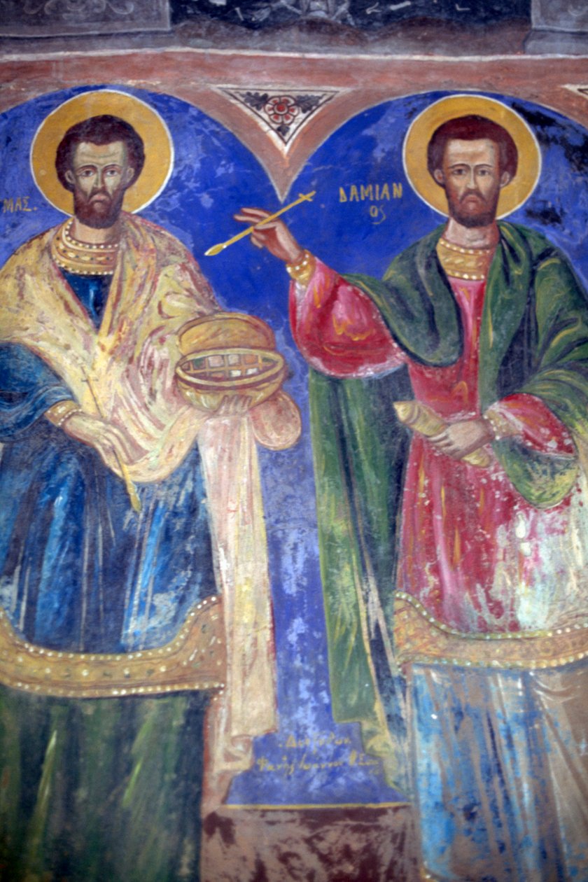Saints Cosmas og Damian, klosteret Megalo Sotiris, Symi-øya, Hellas (bilde) av J.B. and Brown J. Rowbotham