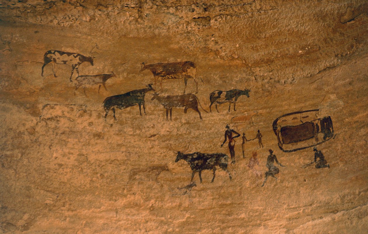 Scene av dagliglivet med husdyr, bergkunst, Tassili n