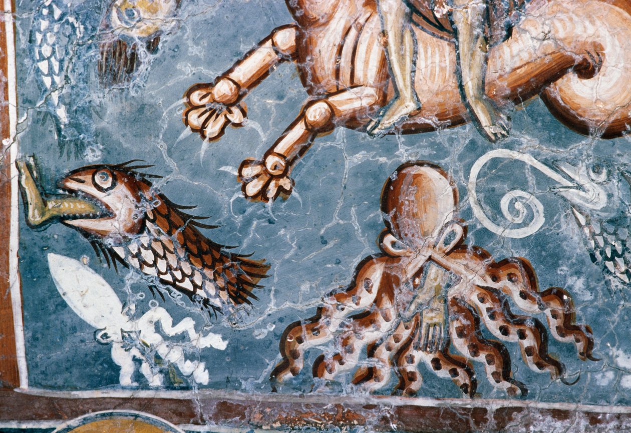 Sjødyr, detaljer fra freskomaleri i kirken Agios Georgios, Mourne, Kreta, Hellas (bilde) av J.B. and Brown J. Rowbotham