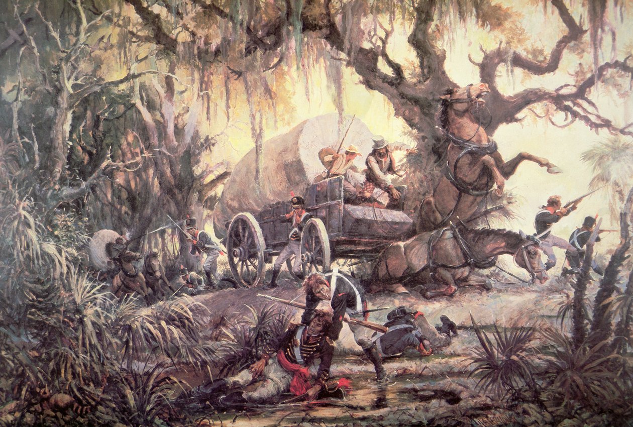 Seminole-indianere går i bakhold mot en amerikansk marinesoldats forsyningsvogn av J.B. and Brown J. Rowbotham