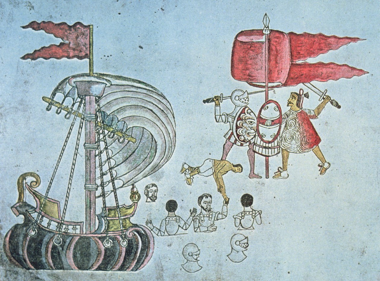 Spanske soldater fra Hernan Cortes vasser i land i 1519 for å kjempe mot aztekerne, kopiert fra Codex Azcatitlan, ca. 1550 (farge litho) av J.B. and Brown J. Rowbotham