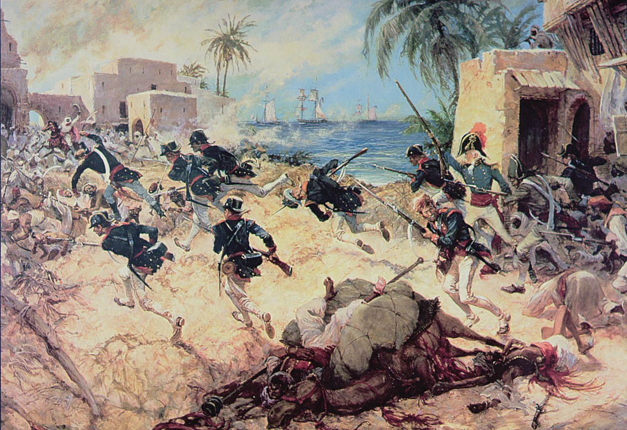 U.S. Marines fanger Barbarys piratfestning ved Derna, Tripoli, 27. april 1805 (akvarell på papir) av C.H. Waterhouse