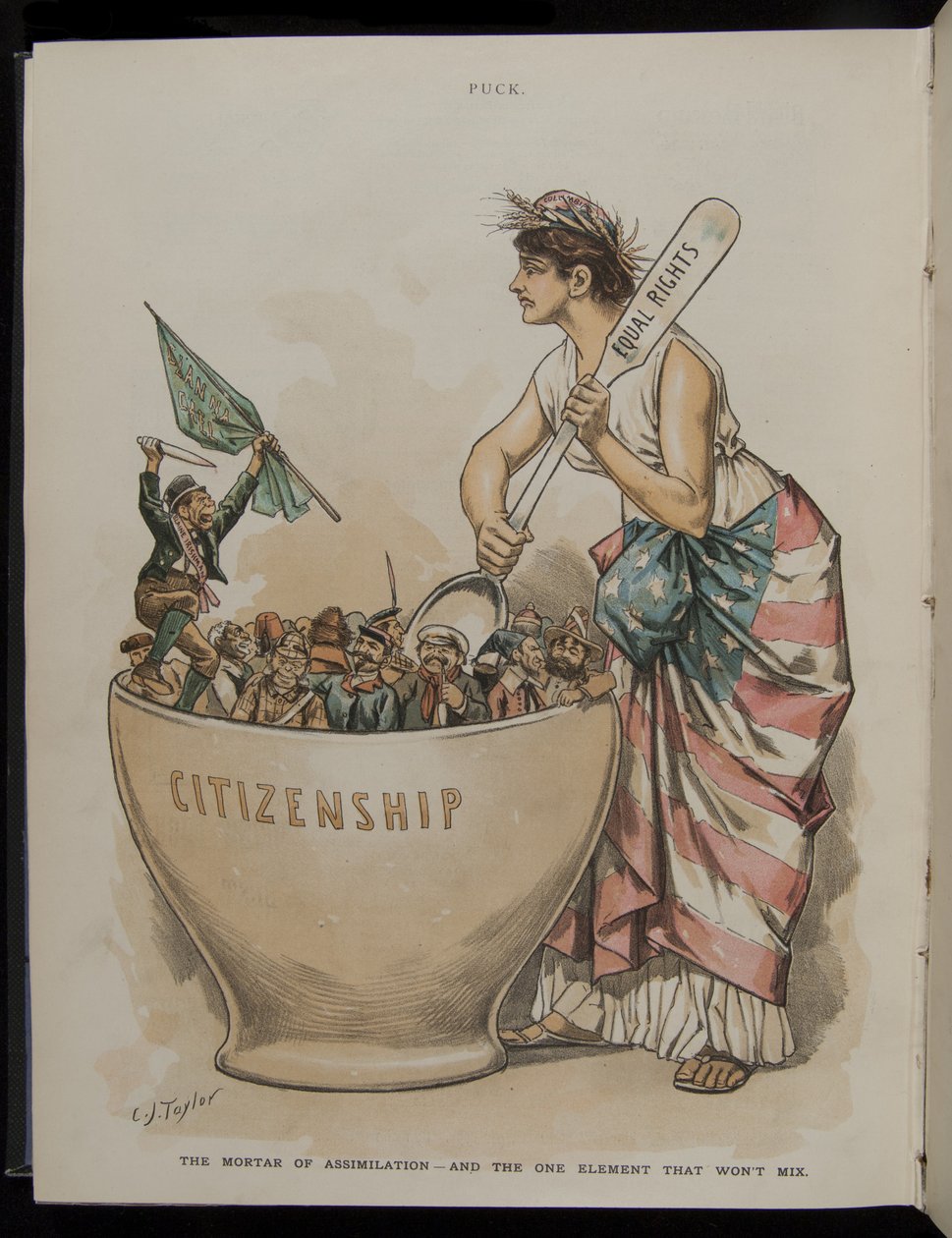 Assimilasjonens morter - And the One Element That Wont Mix, illustrasjon fra Puck Magazine, 26. juni, 1889 av C.J. Taylor