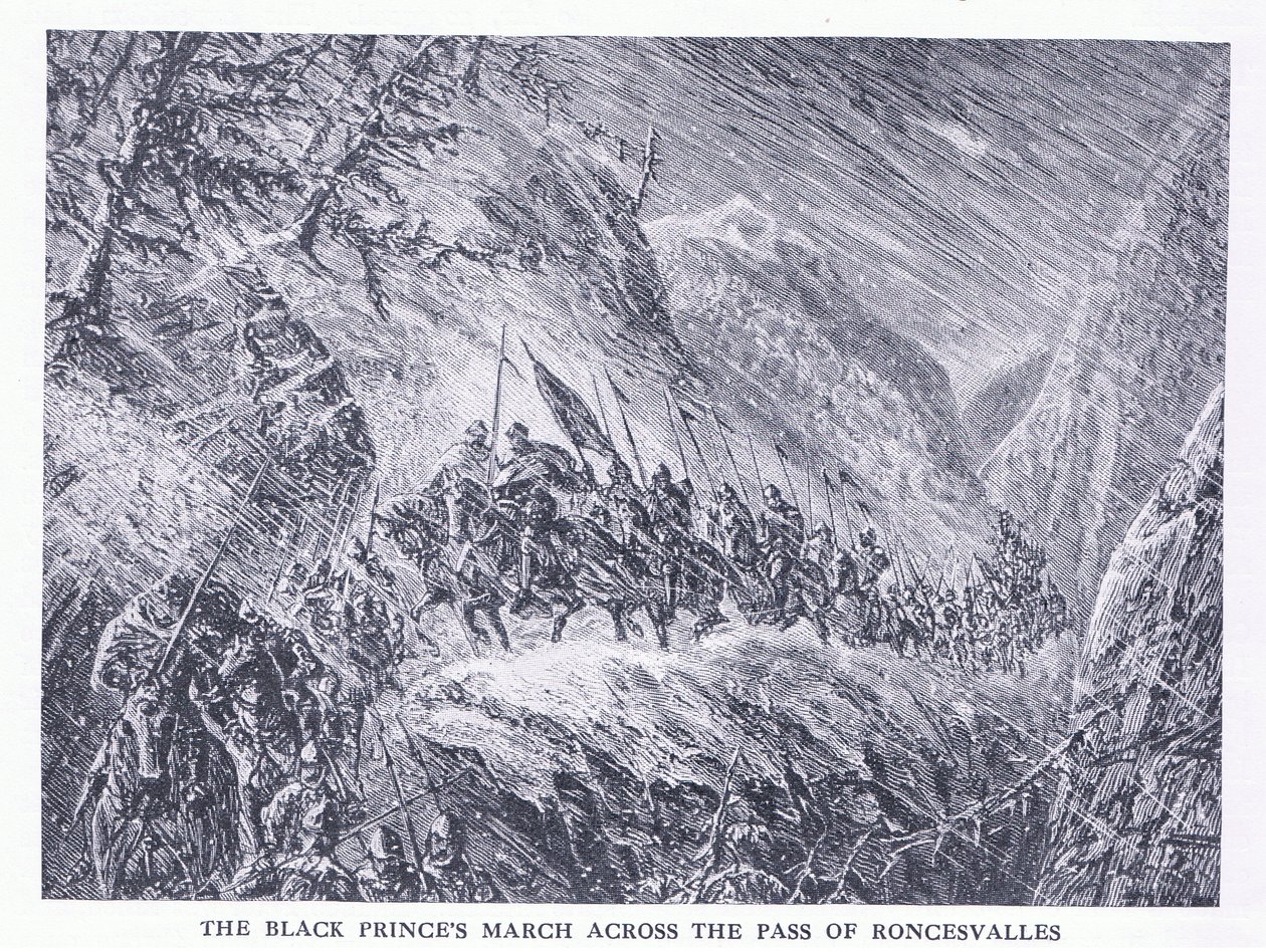 The Black Princes marsjerer over Pass of Roncesvalles, fra Cassells History of the British People utgitt av Waverley Book Company Limited, ca. 1940 av C.O. Murray