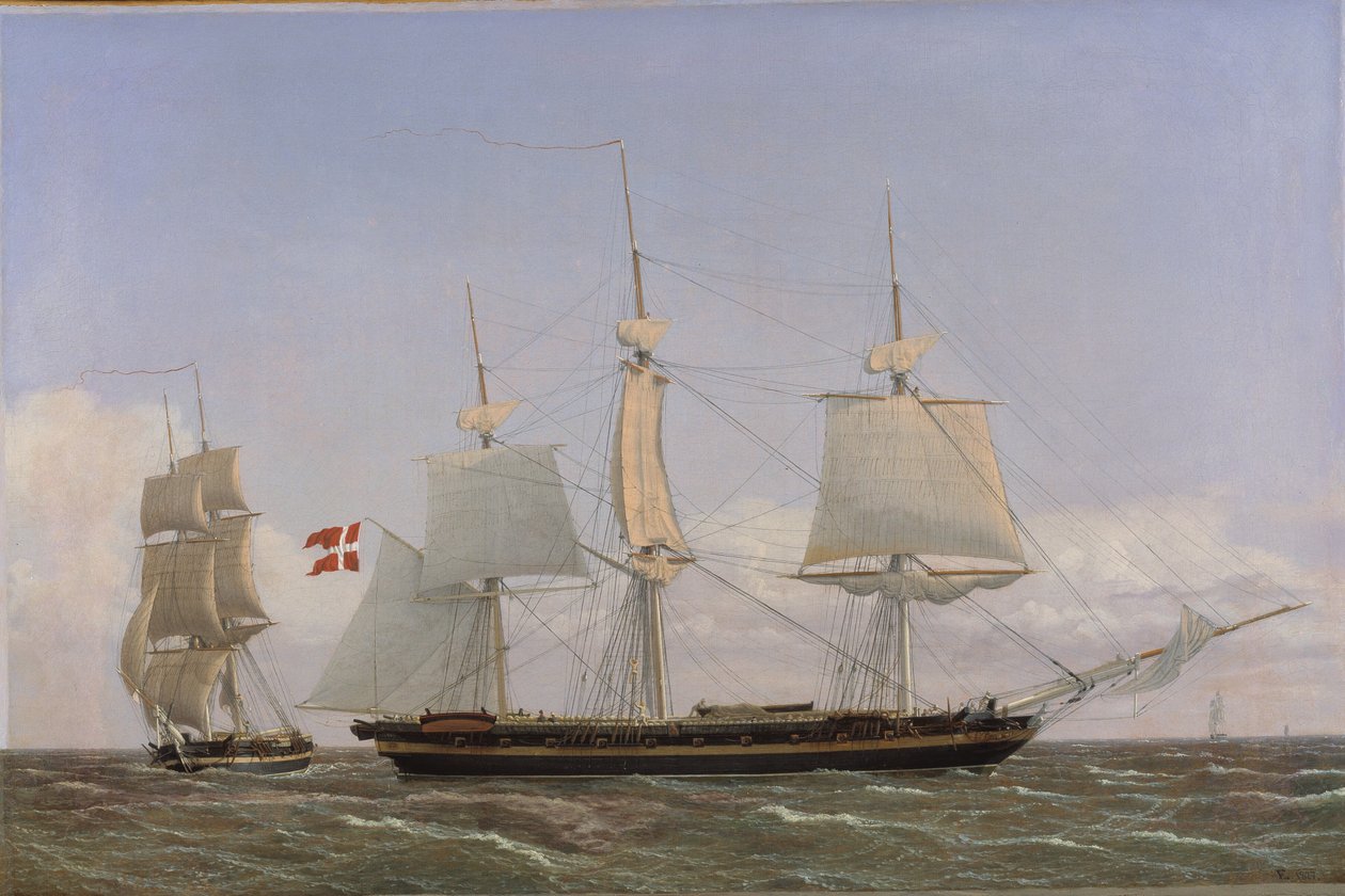 En dansk korvette legger seg til for å konferere med en dansk brigg: Scenen blir satt i vestindiske farvann av Christoffer Wilhelm Eckersberg
