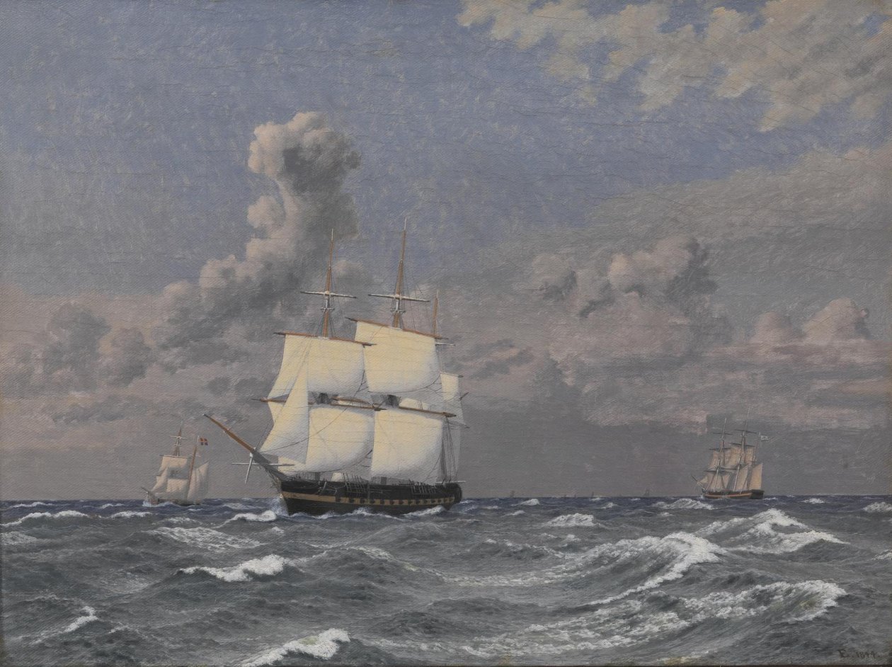 En fregatt og noen andre skip på cruise av Christoffer Wilhelm Eckersberg