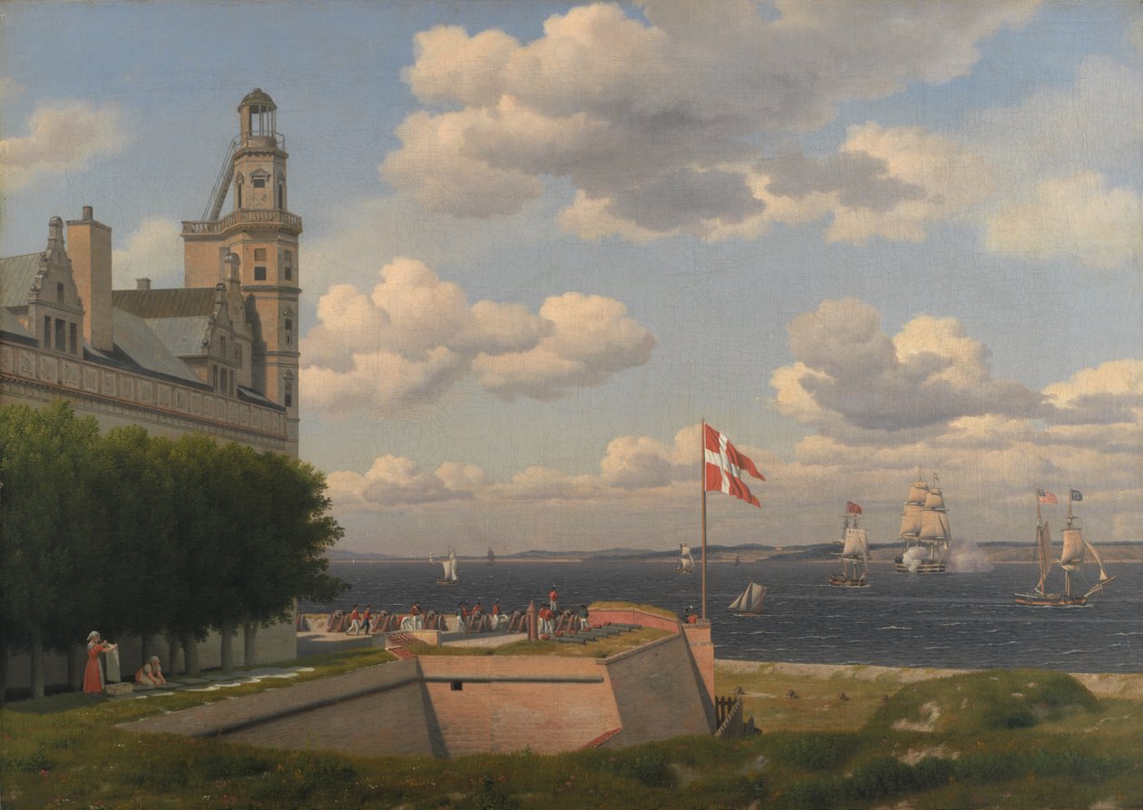 En utsikt mot den svenske kysten fra borgvollene til Kronborg slott av Christoffer Wilhelm Eckersberg