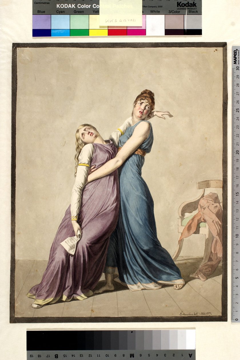 En kvinne støtter en annen kvinne, som har besvimt etter å ha lest et brev av Christoffer Wilhelm Eckersberg
