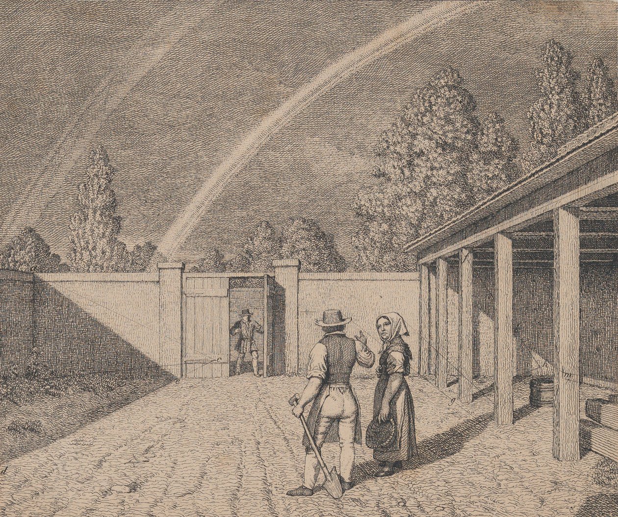 Et par samtaler i en stallgård, med en dobbel regnbue over hodet, fra 