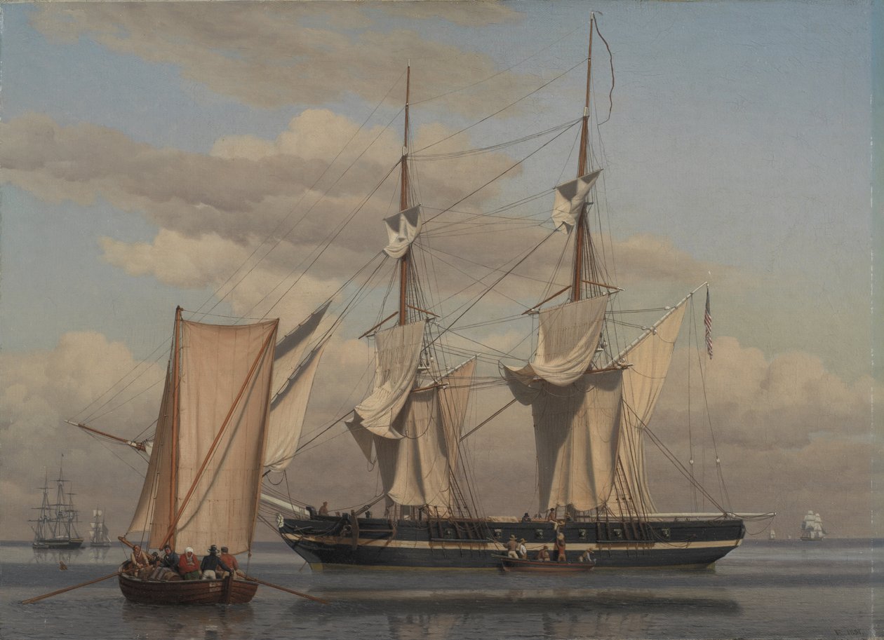 En amerikansk marinebrigg ligger for anker mens seilene hennes tørker av Christoffer Wilhelm Eckersberg