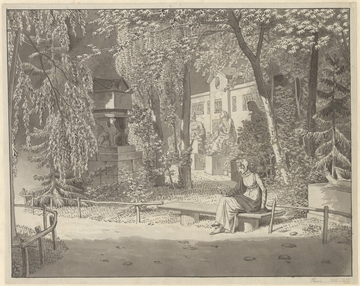 Ved gravene til Descartes og Conde i Jardin Elysée des Petits Augustins, Paris av Christoffer Wilhelm Eckersberg