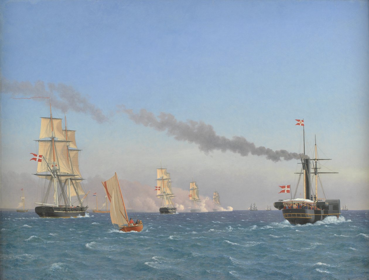 Christian VIII ombord på dampskipet "Ægir" som ser på manøvrene til en skvadron nær København av Christoffer Wilhelm Eckersberg