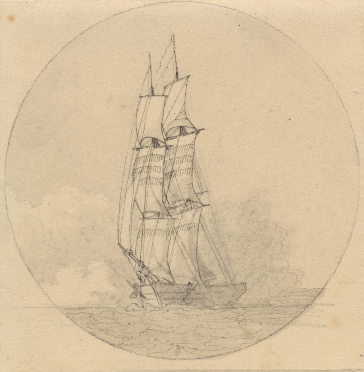 En brigg under seil sett forfra. av Christoffer Wilhelm Eckersberg