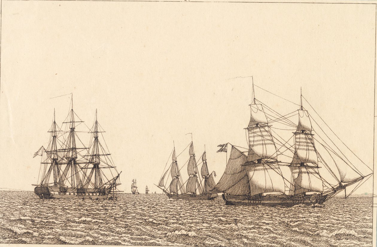 En fregatt ligger for anker. Illustrasjon for "Lineært perspektiv", Plate IXb av Christoffer Wilhelm Eckersberg