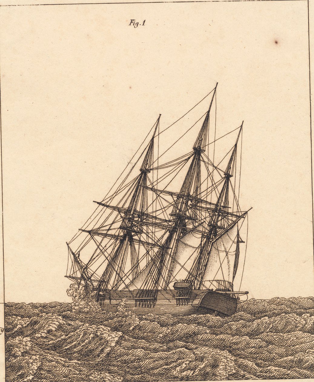 En korvett i en storm. Illustrasjon for "Lineært perspektiv", plate X av Christoffer Wilhelm Eckersberg